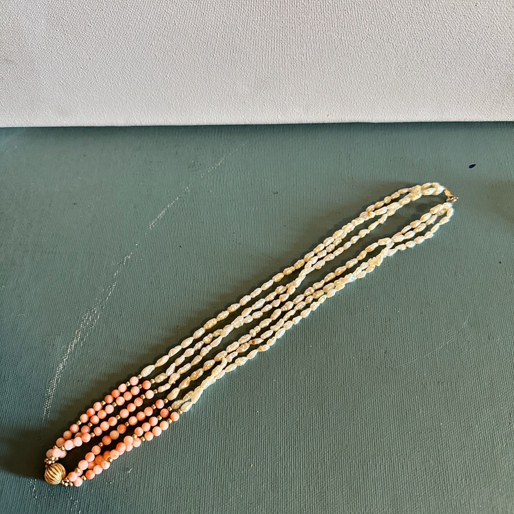Vintage Multi-Strand Genuine Pink Coral and Seed Pearl 14k Gold Beaded Necklace